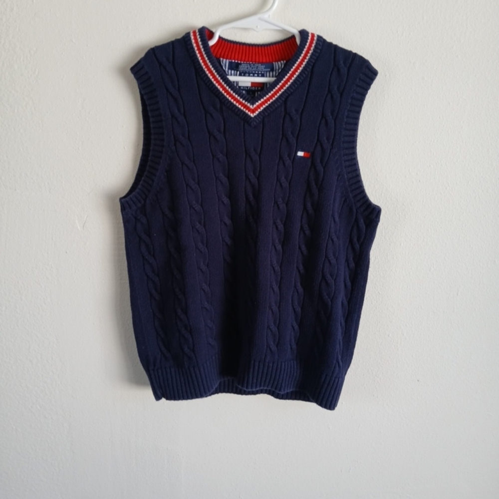 Tommy Hilfiger Preppy Cabel Knit Vest Boys Blue V Neck Size S